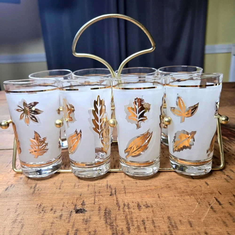 Vintage Libbey Golden Foliage Frosted Highball Glasses Set of 8 Brass Caddy MCM
